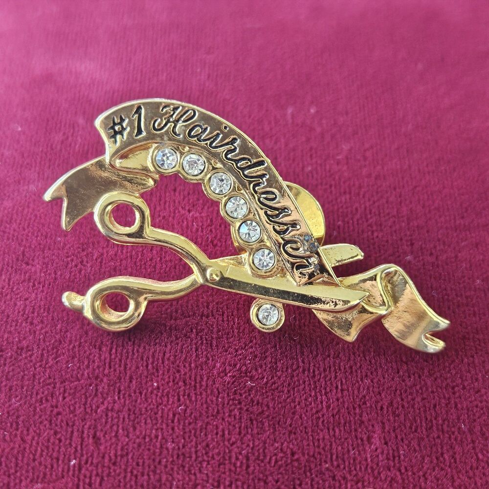 Avon Vintage Gold Tone #1 Hairdresser Scissor Pin Brooch Rhinestone Accents